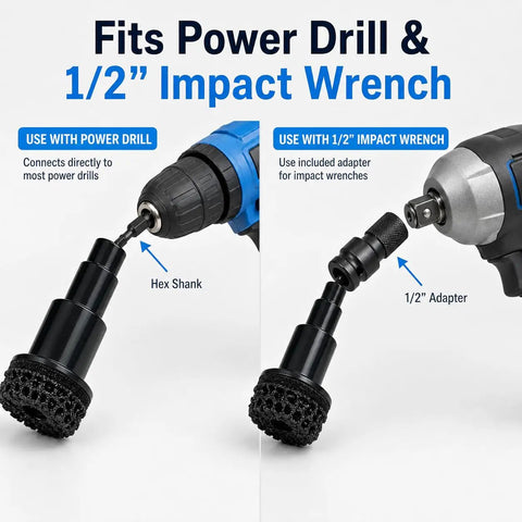 Complete Wheel Hub Resurfacing Kit With Pro Hub Cleaning Tool And Wheel Stud Cleaner showing drill and impact wrench compatibility