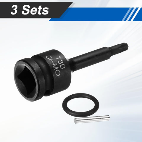 Front view of Three Piece 1/2 Inch Drive Torx T30 Socket Set, 6 Point Star Sockets, Chrome Molybdenum Steel with cotter pin and O-ring
