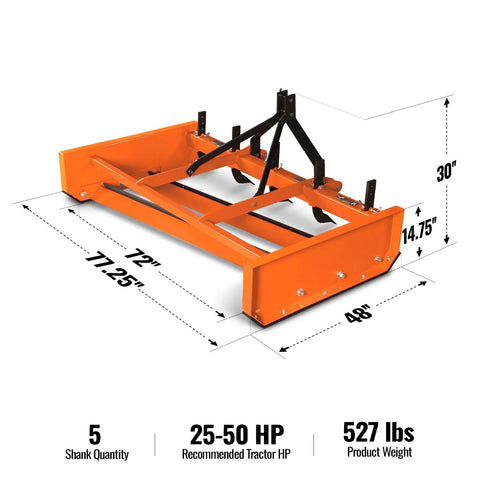 Heavy Duty 72 Inch Tractor Land Leveler Scraper Grader Attachment With Dual Cutting Edges Adjustable Shanks 3 Point Cat 1 Hitch Fits 25 to 50 HP