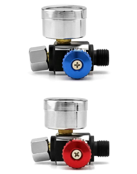 Pro Grade Air Pressure Regulator Kit With Gauge For Spray Guns And Air Tools Quarter Inch G Thread Inlet And Outlet Adjustable Valve Aluminum Body Durable And Easy To Use With Quick Connect Adapter shown with dual knobs