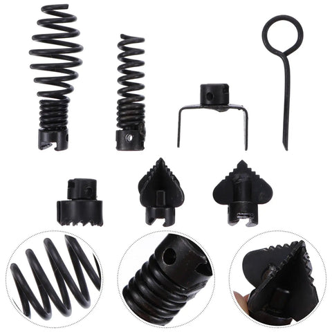7 Piece Tough As Nails Steel Dredger Cutter Heads For Drain Snake Rods showcases various spiral drill heads for unclogging.
