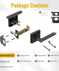 Package contents of Matte Black Interior Door Lever with Square Plate, includes handles, latch, and screws