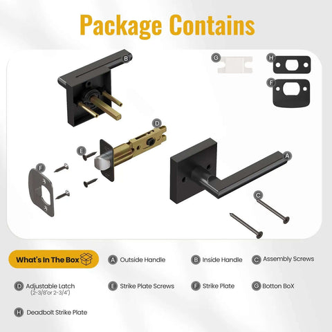 Package contents of Matte Black Interior Door Lever with Square Plate, includes handles, latch, and screws