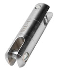 Tough As Nails One Ton Cable Pulling Swivel forged from solid stainless steel, detailing the pin and openings for wire lines.