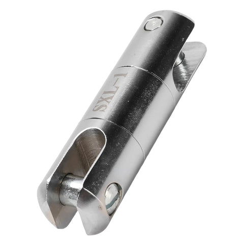Tough As Nails One Ton Cable Pulling Swivel forged from solid stainless steel, detailing the pin and openings for wire lines.
