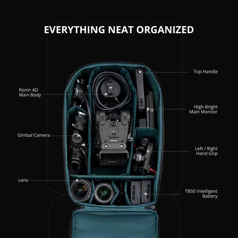 Open Camera Backpack For Ronin 4D Gear Waterproof Bag For Lenses And Accessories with organized compartments and equipment.