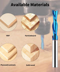 Five Piece Downcut Spiral Router Bits With One Quarter Inch Shank And One Quarter Inch Cutting Diameter Solid Carbide Top Shelf Nano Blue Coating For Wood Cutting And Carving On CNC Routers showing material compatibility with MDF, Particleboard, Plywood, and Solid Wood.