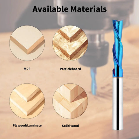 Five Piece Downcut Spiral Router Bits With One Quarter Inch Shank And One Quarter Inch Cutting Diameter Solid Carbide Top Shelf Nano Blue Coating For Wood Cutting And Carving On CNC Routers showing material compatibility with MDF, Particleboard, Plywood, and Solid Wood.