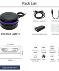 RPLIDAR A2M12 360 Degree 2D Lidar Sensor Kit with cables, adapter, instruction card, and specifications for robotics projects.