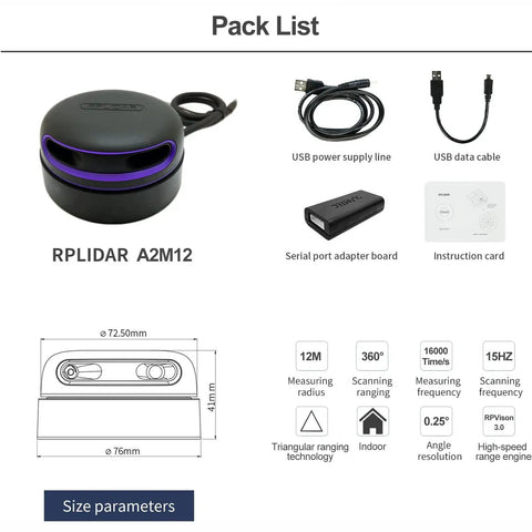 RPLIDAR A2M12 360 Degree 2D Lidar Sensor Kit with cables, adapter, instruction card, and specifications for robotics projects.
