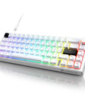 Compact 60 Percent Tactical Mechanical Gaming Keyboard Featuring Slick Cnc Aluminum Volume Knob And Snappy Wired Connection For Tight Desk Layouts And Game Changer Typing Flex in white with RGB lighting.