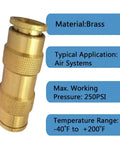 Brass Quarter Inch Push To Connect Pneumatic Fittings Set, 5 Piece Quick Connect Air Hose Fittings, DOT Air Brake Line Compatible, Pro Grade Heavy Duty CA360 CA377, Vacuum To 250 Psi, shown with pressure and temperature specs.