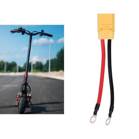 XT90 Electric Scooter Charging Cable With Battery And Motherboard Adapter next to a scooter, high-temp silicone wire visible