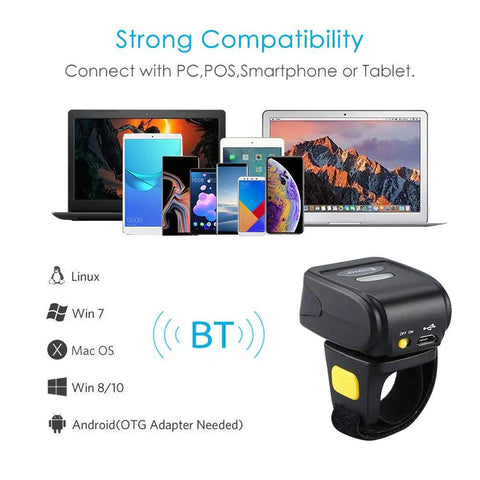 Ring Wearable 1D Barcode Scanner For Hands Free Scanning Bluetooth 2.4G Wireless Or USB Wired Mini Bar Code Reader with device compatibility