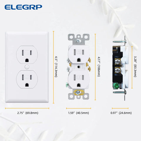 Dimensions of Tamper-Resistant Duplex Receptacle 15A 125V Wall Outlet With Wall Plate in Glossy White, UL Listed, Pack Of 10