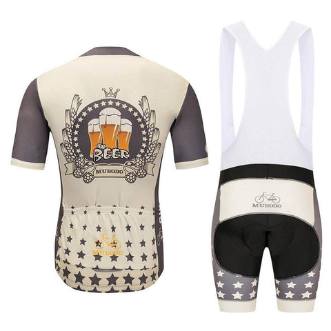 Cycling jersey and bib shorts set with star pattern and beer graphic on jersey, back view.