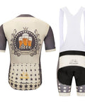 Men's cycling jersey and bib shorts set with a beer graphic design, featuring stars and neutral tones.