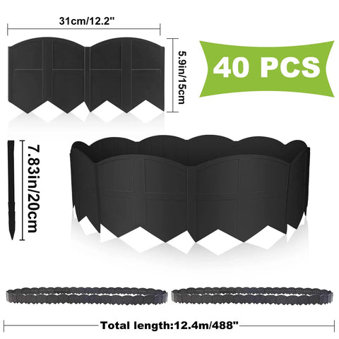 40 Ft No Dig Landscape Edging Kit With 40 Stakes, Flexible Plastic Border, black panels and stakes with dimensions shown