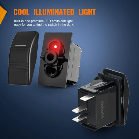 Marine Rocker Switch LED Light Bar 3 Pin With Red Backlit, SPST On Off Switch, side view with terminals