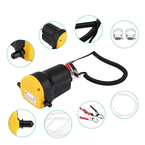 Efficient 12V Electric Fluid Extractor Pump With Battery Clamps for quick oil transfer, includes hoses and clips.