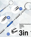 No Sweat 3 In 1 Eyeglass Repair Kit Keychain Screwdriver with hardened steel bits and blue grip, compact for everyday carry.
