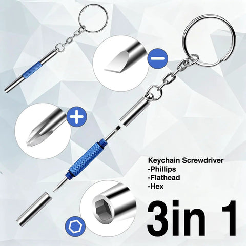No Sweat 3 In 1 Eyeglass Repair Kit Keychain Screwdriver with hardened steel bits and blue grip, compact for everyday carry.