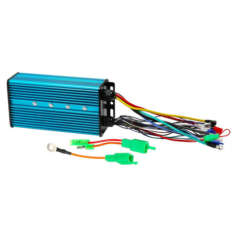 5000W Sine Wave Controller 72V 24 Mosfet 100A For Electric Atv Go Kart with wiring connections and blue aluminum housing.