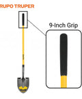 Round Point Shovel With 48-Inch Fiberglass Handle And 9-Inch Grip For Heavy Duty Digging And Gardening, focus on grip detail