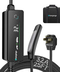 Level Two Ev Portable Charger For Tesla And Nacs Rides Offering Straight Plug Setup With 32 Amp 240V Power Via Nema 14 50 Outlet And 25 Foot Cord Adjustable Ampage, showing 32A display and plug.