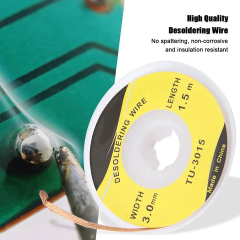 Pro Grade Solder Wick Desoldering Braid Premium Copper Solder Wire For PCB Repair, 1.5m Length 3.0mm Width spool and PCB use