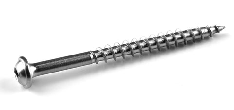 Single stainless steel pocket hole screw, 2-1/2 inch size, coarse thread, Maxi-Loc head, for outdoor woodworking.