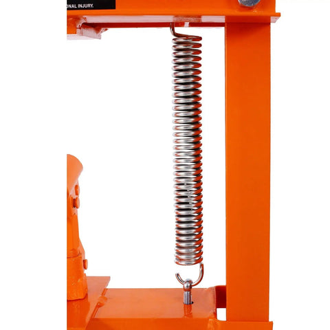 Heavy Duty H Frame Shop Press With True 12 Ton Hydraulic Power showing detailed spring mechanism and sturdy steel frame.