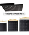 Slick Black Brass Shower System With 12 Inch Square Rainfall Head Wall Mounted Luxury Bath Kit Includes Foaming Airflow Handheld Sprayer And Diverter For A Total Bathroom Glow Up showcasing three sizes of black shower heads