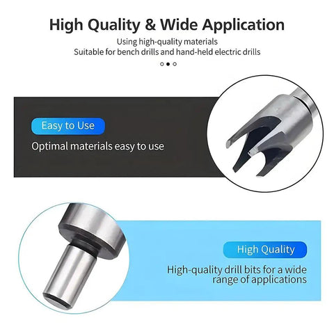 Close-up of Top Shelf Wood Plug Cutter Drill Bit Set With Four Slick Carbon Steel Cork Remover Bits showcasing cutting edge detail.