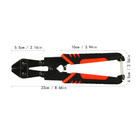 Heavy Duty Mini Bolt Cutter With Grippy Soft Anti Slip Handle Cuts Through Wires And Cables Up To Two Point Five Millimeters, measuring 22cm long.