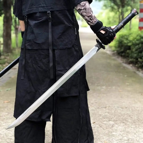 Person holding Hand Forged Longquan Style Dao Sword With High Carbon Steel Blade Full Tang And Dope Matte Black Wooden Scabbard