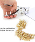 4Mm Round Eyelet Grommet Kit With Single Hole Punch, heavy duty metal set, shown with punch tool and pile of eyelets on white background