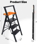 Aluminum Three Step Ladder With Tool Tray 600 Lbs Heavy Duty Lightweight Step Stool With Extended Handrails And Work Platform For Home Maintenance And DIY Projects Black And Orange, product size shown
