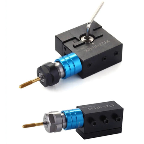 Duty Collet Chucks For Thread Milling Offer Floating Compensation With 5 mm Adjustment For Precise Mechanical Assembly And Metalworking Jobs Without Breaking Taps Or Tools In Busy Workshops, blue and black ER20 chuck.