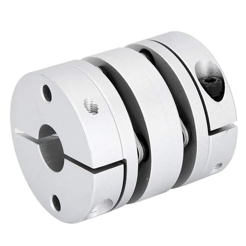 Aluminum alloy shaft coupling, two-piece split clamp design, silver finish