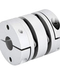 Aluminum alloy shaft coupling adapter, two-piece clamp design, silver finish for motor drive shafts