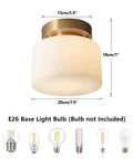 Modern Brushed Gold Semi Flush Drum Ceiling Light Fixture With Milk Glass Shade shown with dimensions and bulb types