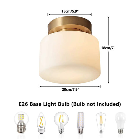 Modern Brushed Gold Semi Flush Drum Ceiling Light Fixture With Milk Glass Shade shown with dimensions and bulb types