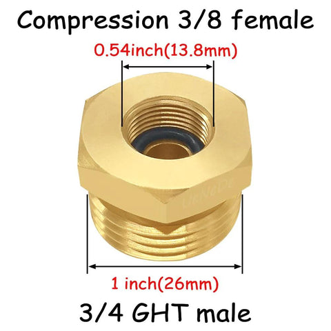 Front view of brass 3/4 GHT male to 3/8 in compression female reducer fitting with rubber washer