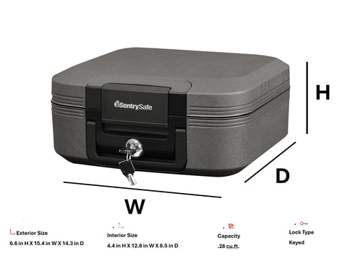 Travel Ready Fireproof And Waterproof Safe With Key Lock Compact Chest Lock Box With Carrying Handle For Documents And Valuables 0.28 Cu Ft Fire Resistant Privacy Safe For Home Or Office On The Go, front view with dimensions visible.