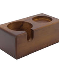 Straight Up Solid Beech Wood Coffee Tamper And Protafilter Stand with side dock for 51 to 58 MM brewers, showcasing a wooden holder.