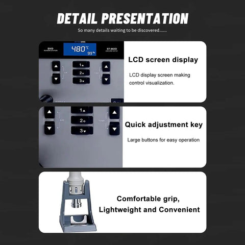 Pro Grade Lead Free Hot Air Gun Soldering Station With Digital Display 1000W Rework Kit for PCB and Chip Repair LCD and adjustment keys