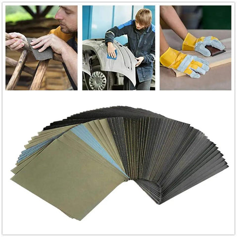 Twin Ultra Fine 42 Piece Wet Dry Sandpaper Set Featuring 240 To 10000 Grit Assortment shown in use on wood, auto, and by hand.