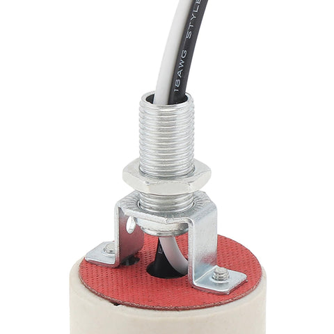 Close-up of Ceramic E26 Light Socket With 10 Inch Lead Wire Porcelain Medium Base Lamp Holder, built tough, fireproof, with metal bracket.