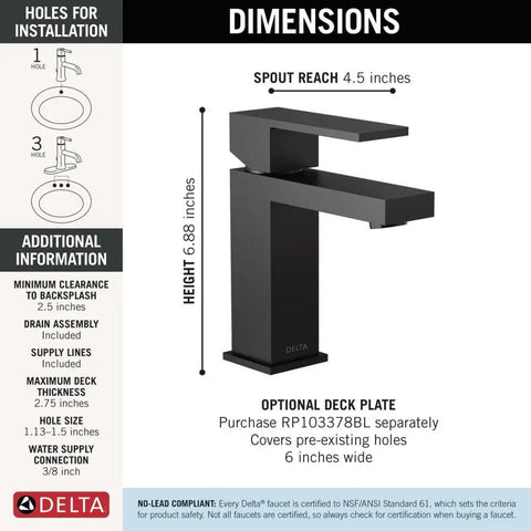 Dope Matte Black Bathroom Faucet For Vanity With Deck Plate Fits 1 Or 3 Hole 4 Inch Installations side view dimensions
